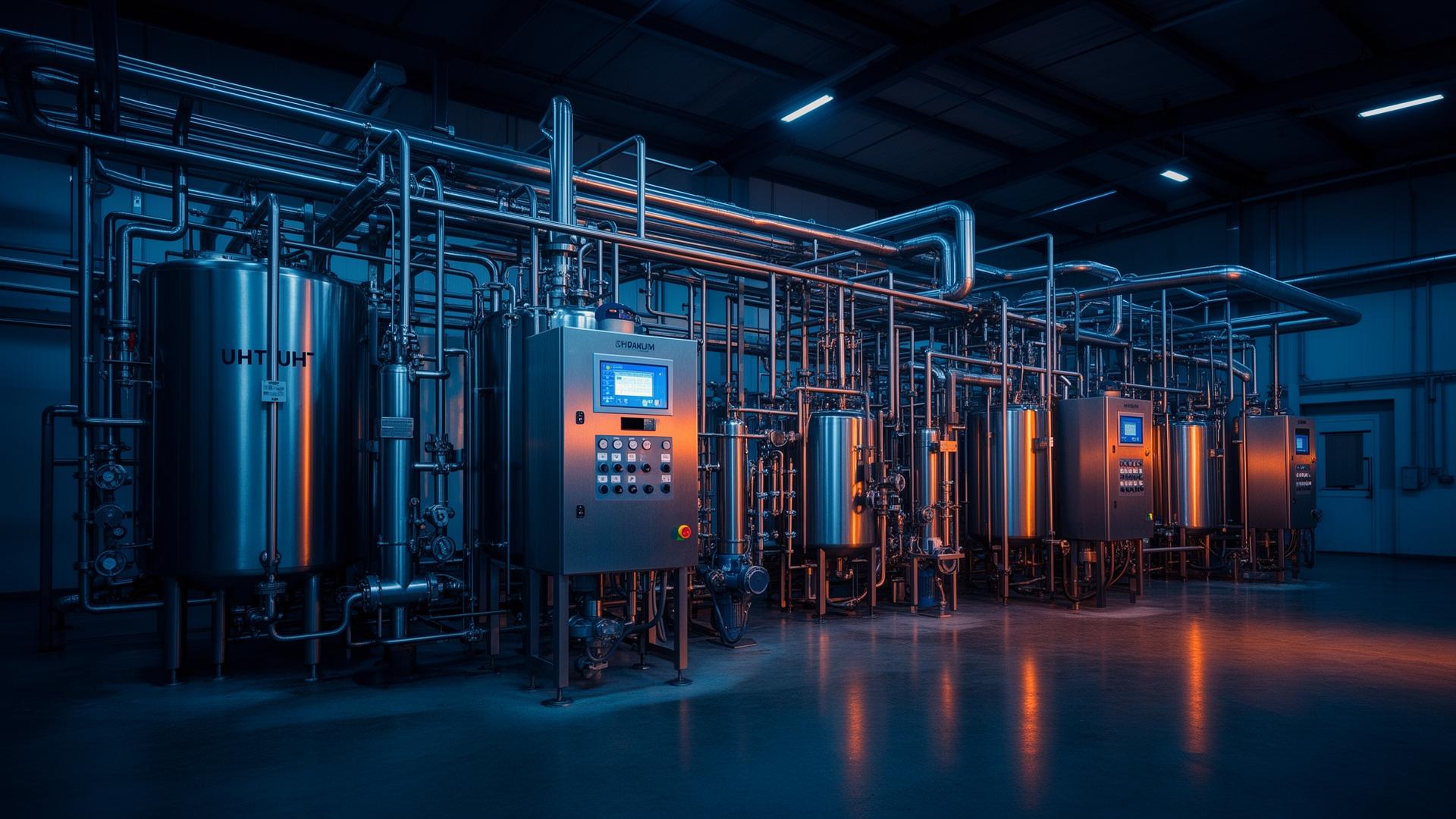 Industrial dairy processing facility lit at dusk